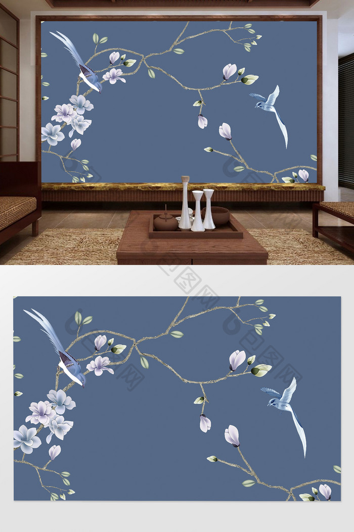 新中式手绘工笔木兰花花鸟背景墙
