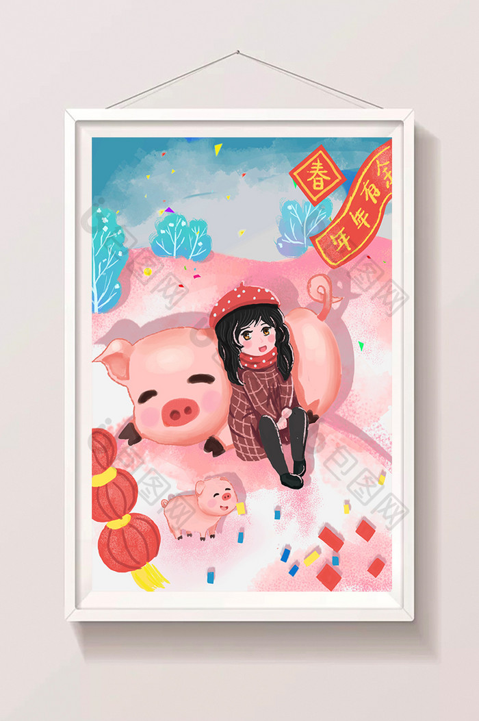 猪年春节卡通创意少女插画唯美