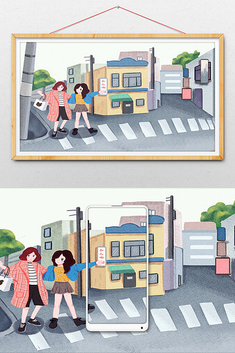 少女卡通扁平街道马路扁平插画图片