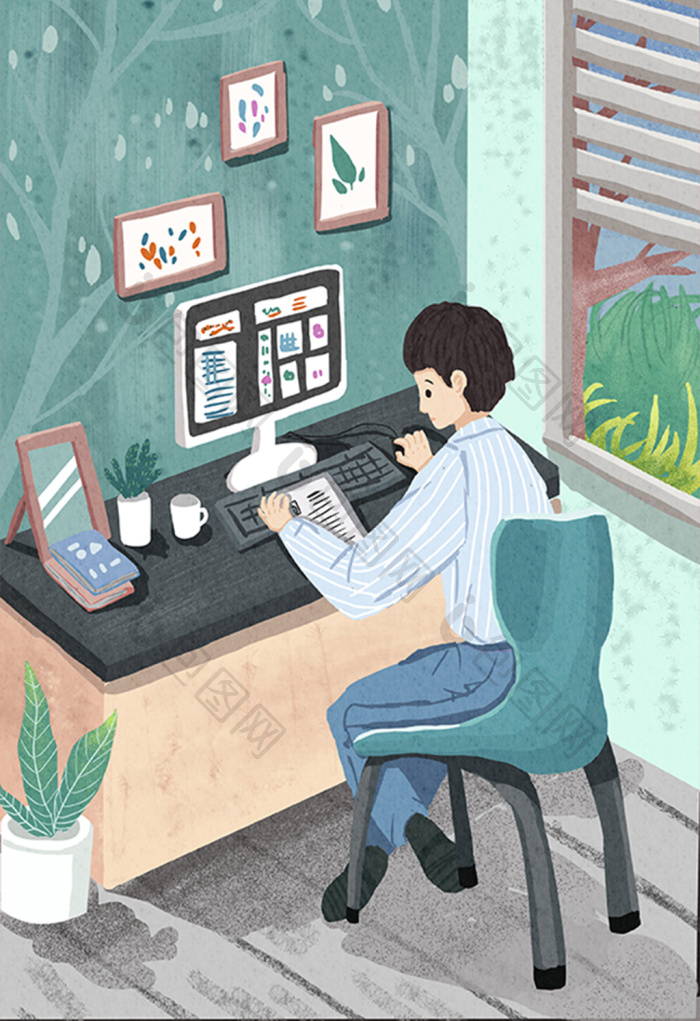 生活方式玩电脑男孩插画