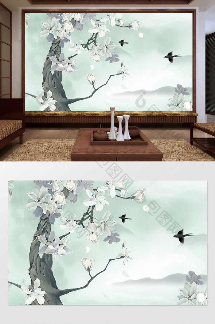 新中式工笔手绘花鸟木兰花电视背景墙