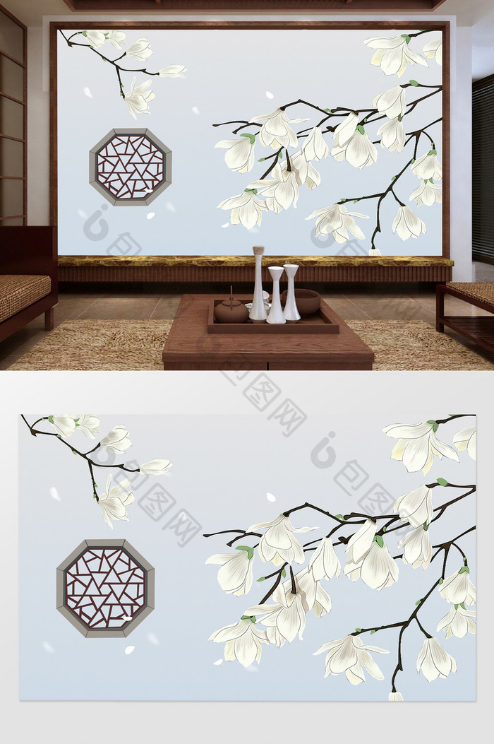 新中式工笔手绘玉兰花电视背景墙