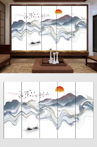 新中式蓝色水墨线条抽象山水飞鸟拼接背景墙图片