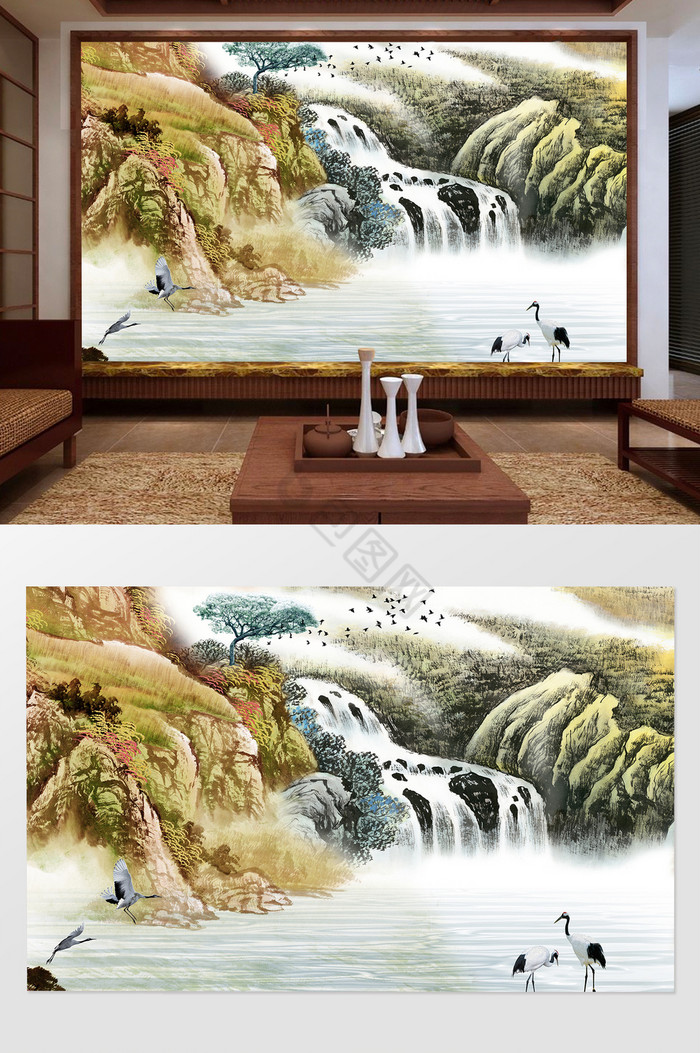 白鹤山水国画背景墙图片