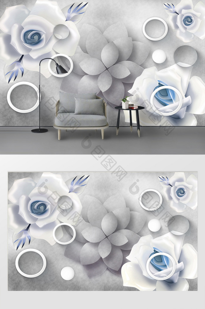 现代简约禅意立体手绘浮雕花朵电视机背景墙