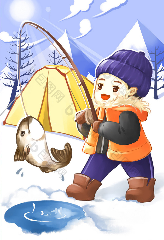 冬日生活方式男孩钓鱼插画