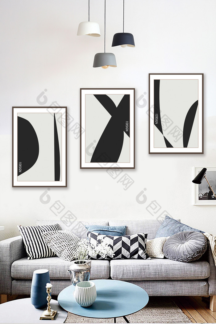 现代简约黑白抽象几何客厅组合装饰画