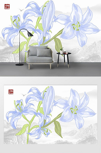新中式手绘工笔玉兰花背景墙图片