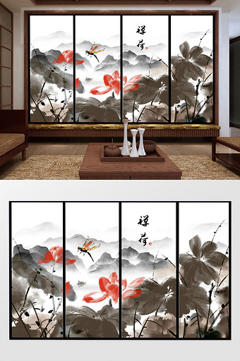 新中式水墨荷花背景墙装饰定制图片