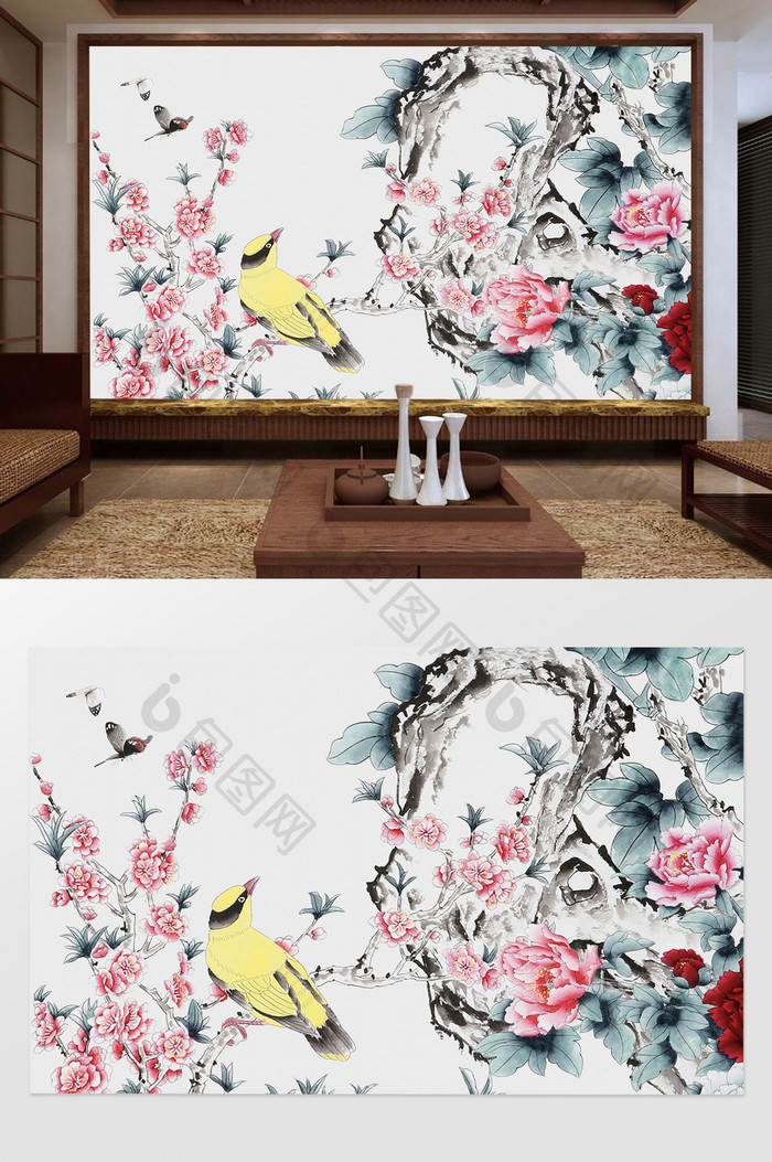 新中式花鸟手绘工笔电视背景墙