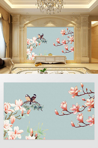 新中式工笔手绘玉兰花花鸟背景墙图片