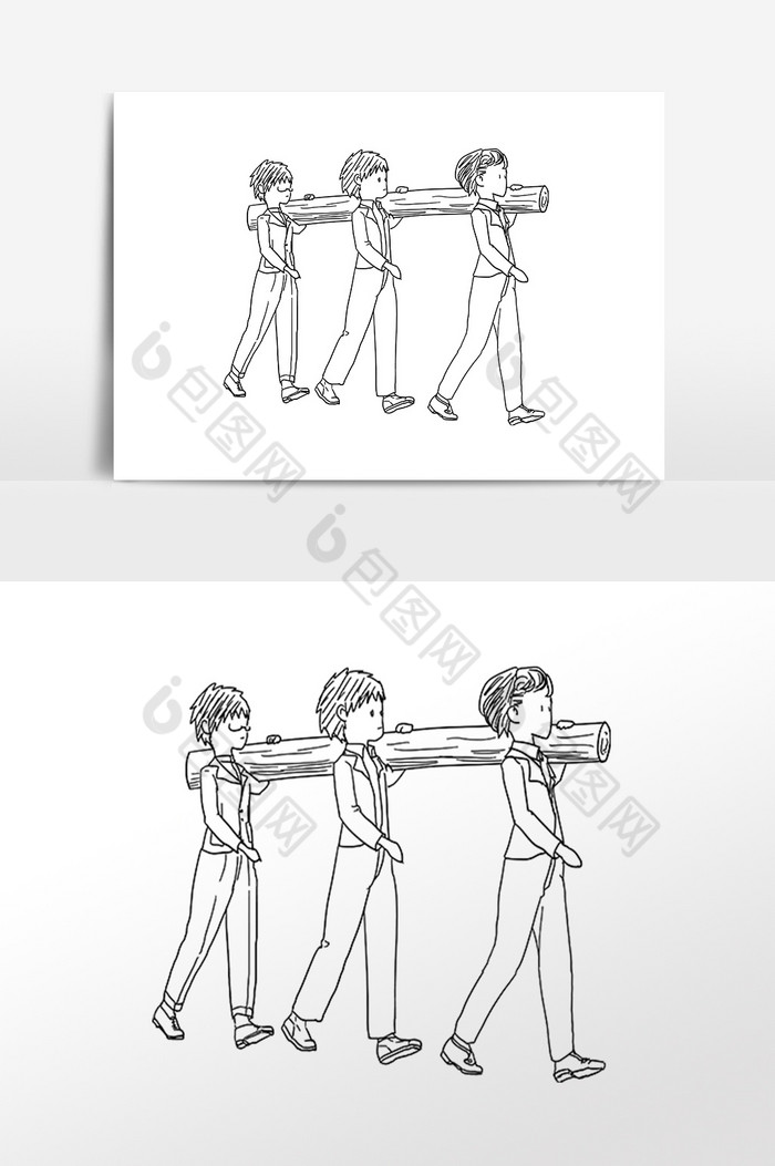 线描三人扛木头素材图片