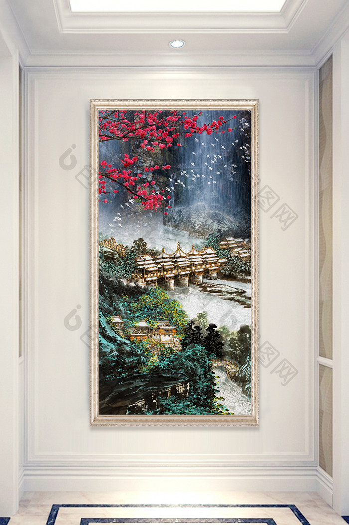 中式桃花瀑布峡谷山水画流水生财玄关装饰画