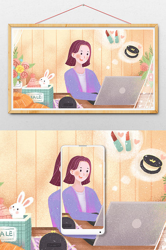 唯美可爱女孩看电脑购物生活方式插画图片