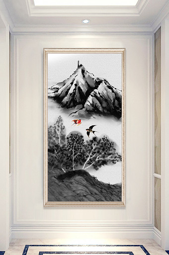 新中式水墨山水飞鸟抽象玄关装饰画图片