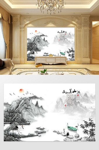 新中式白鹤山水背景装饰画图片
