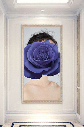 北欧简约现代创意美女蓝色花卉抽象装饰画图片