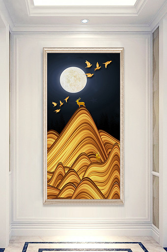 新中式金色鸟儿抽象山水麋鹿玄关装饰画图片