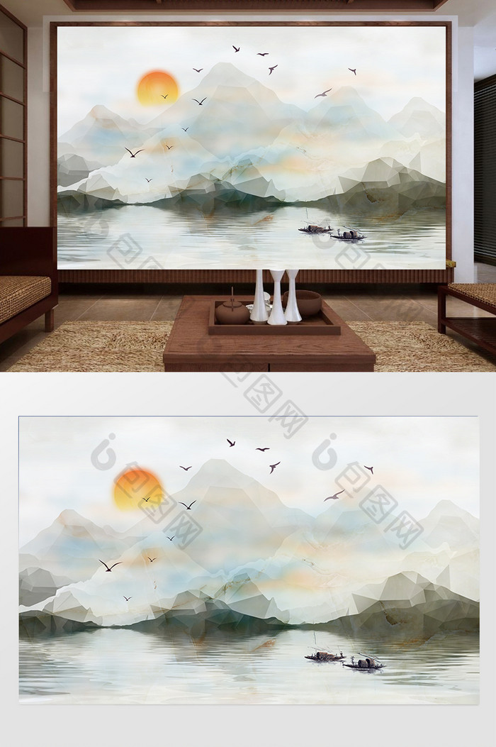 新中式意境水墨山水电视背景墙壁画