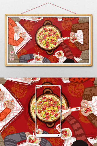 红色喜庆中国风腊八节全家喝团圆粥插画图片