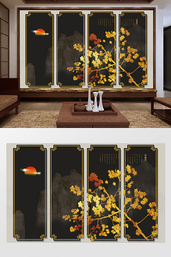 新中式民俗古风手绘梅竹双清金箔梅花背景墙图片
