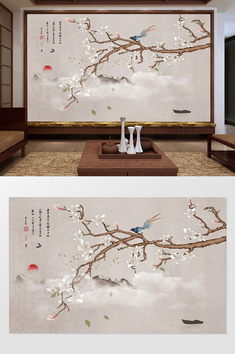 新中式玉兰花手绘工笔花鸟装饰画背景墙图片