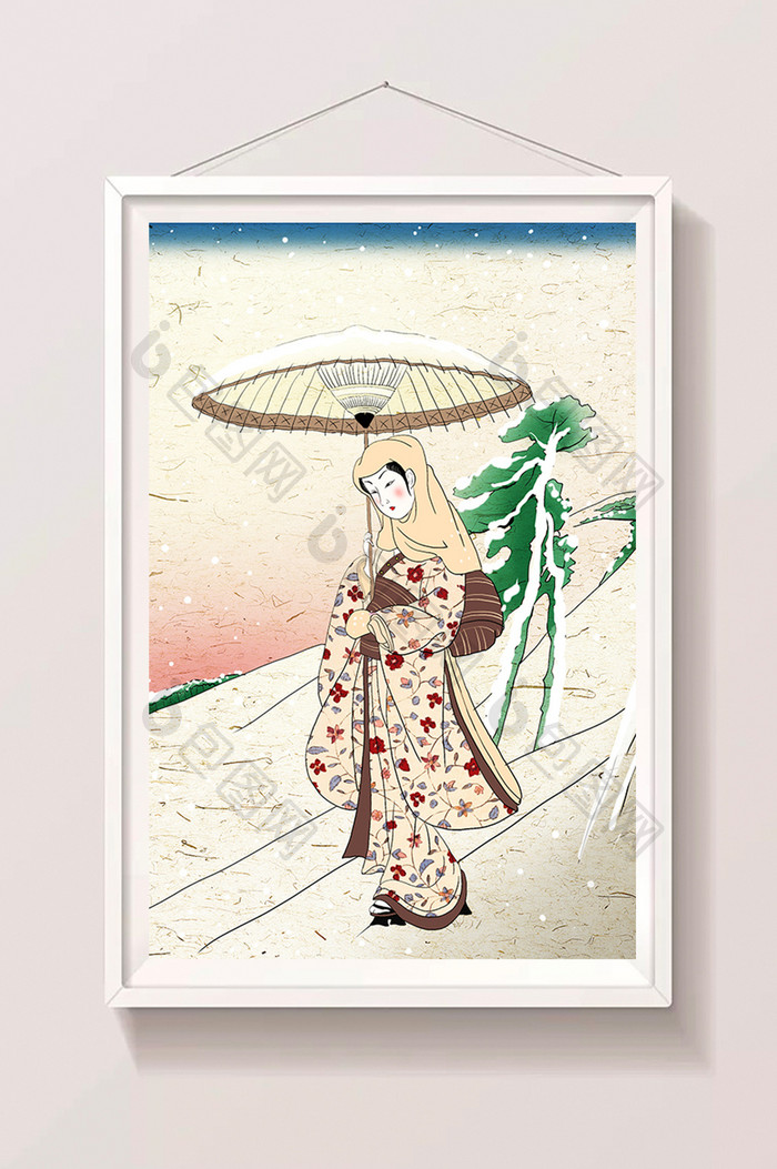 冬天下雪浮世绘下山的仕女古典美女插画
