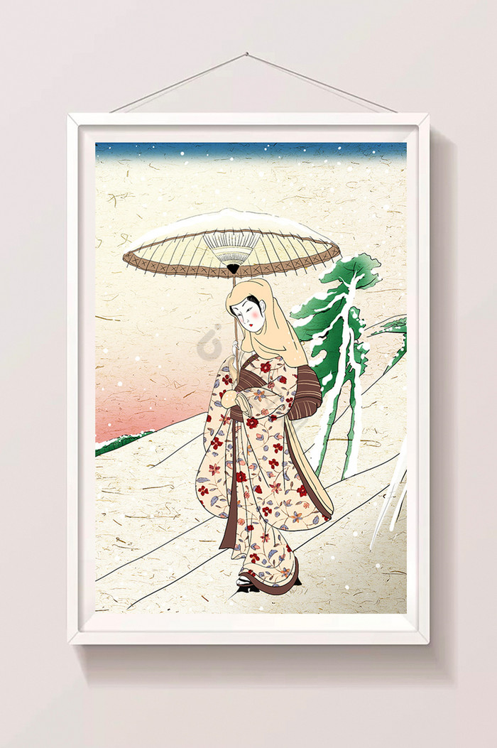 冬天下雪浮世绘下山的仕女美女插画图片