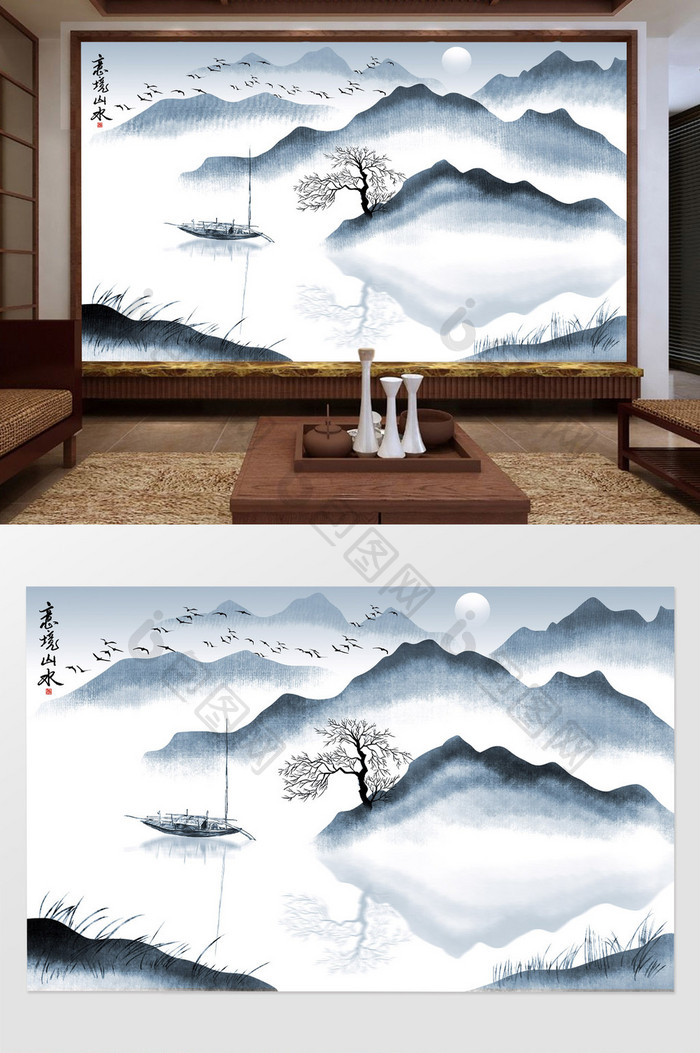 新中式手绘意境山水画背景墙