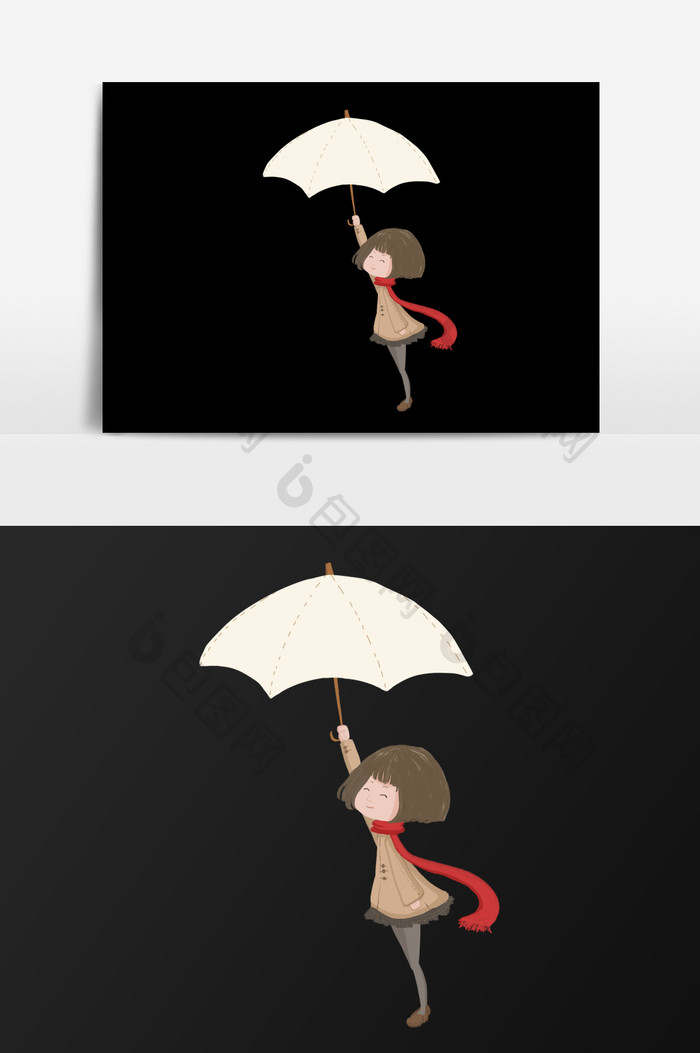 手绘打伞的小女孩插画元素