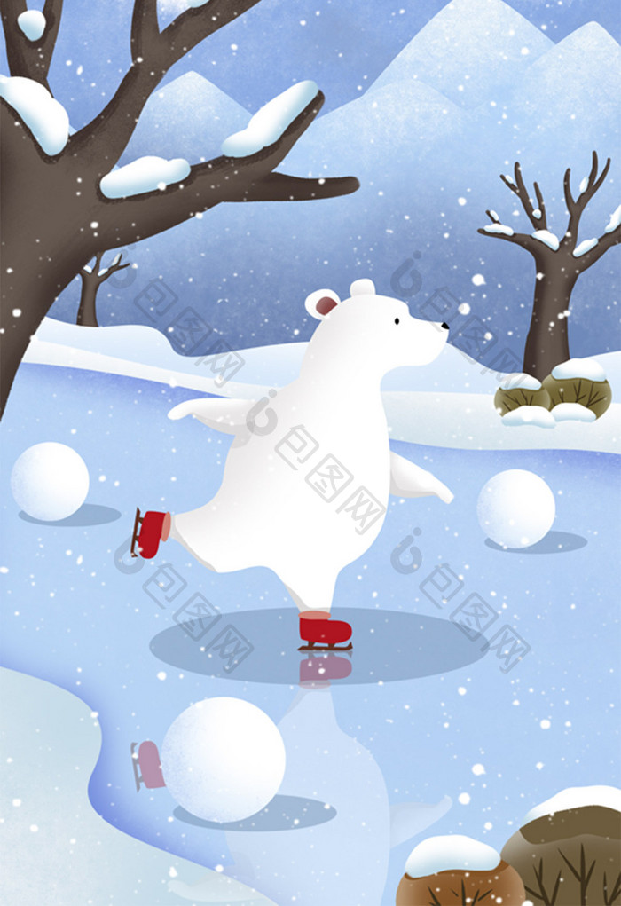可爱的小熊小寒节气溜冰插画