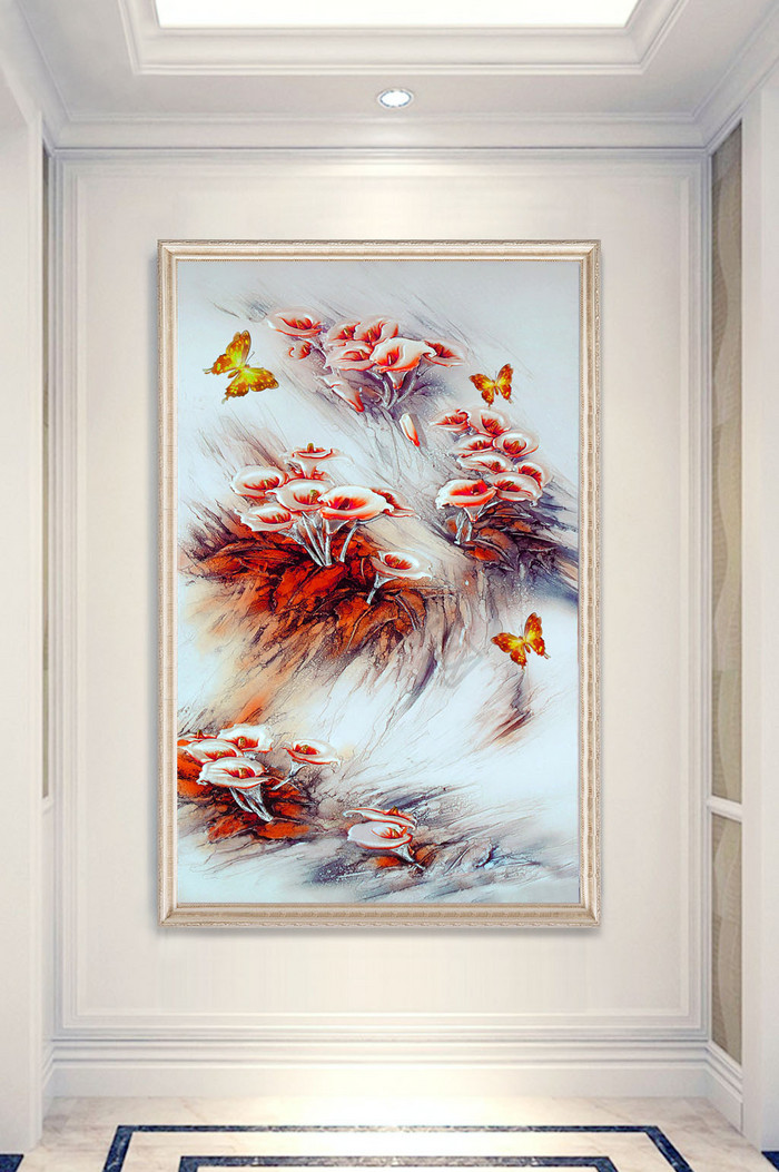 欧式油画手绘花卉蝴蝶玄关背景墙图片