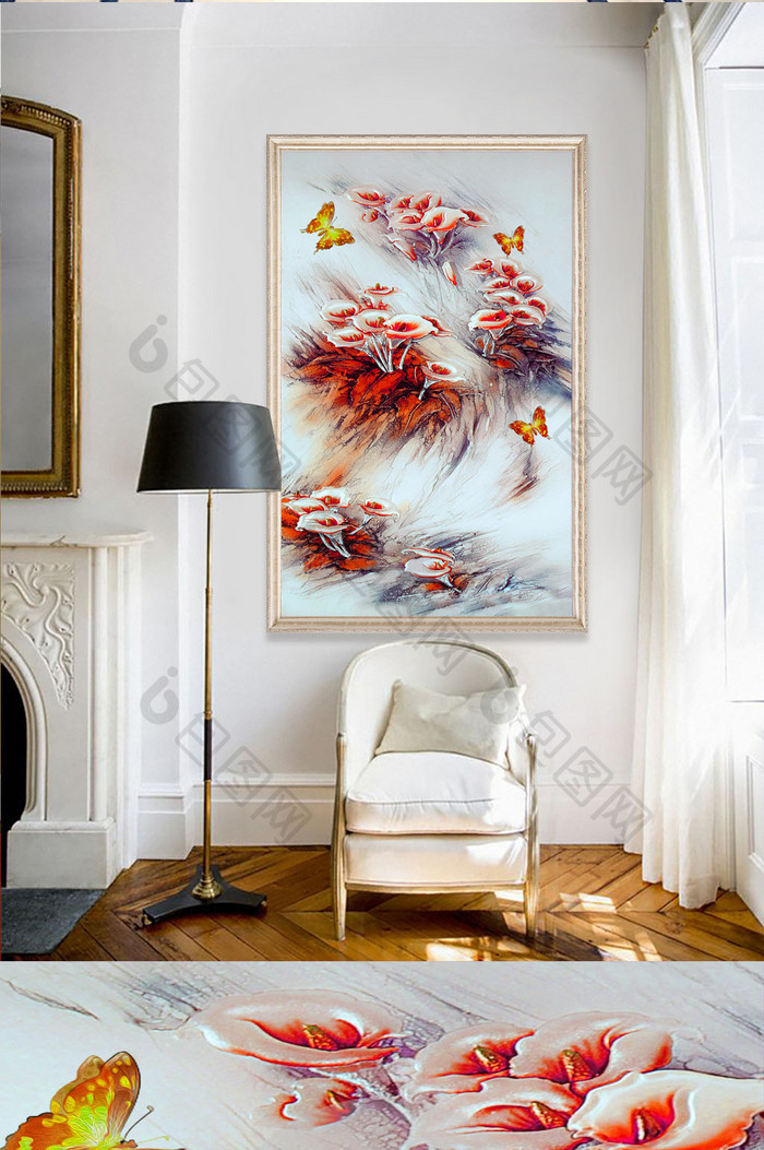 欧式油画手绘花卉蝴蝶玄关背景墙