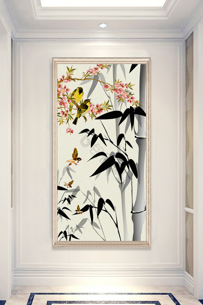 竹飞鸟花卉玄关背景墙图片