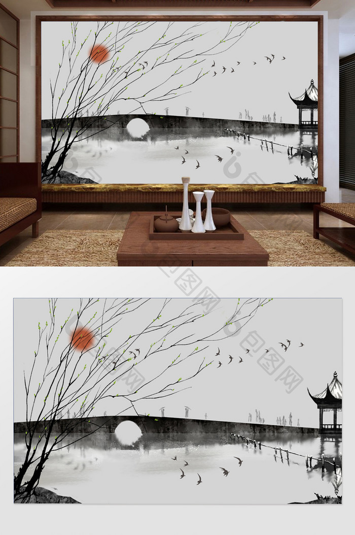 中式水墨意境抽象小桥树枝山水背景墙