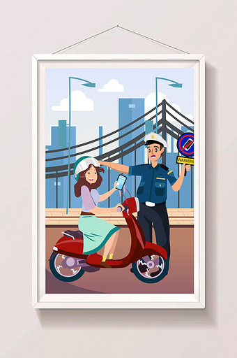 骑车看手机交通安全宣传插画图片