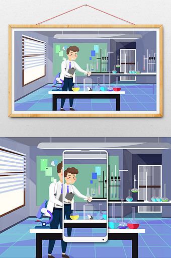 卡通小白鼠做实验生物化学科研医疗概念插画图片