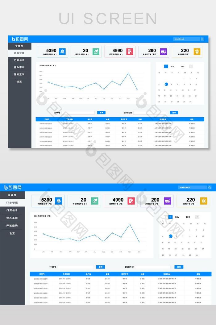 蓝色大气扁平订单管理后台网页界面