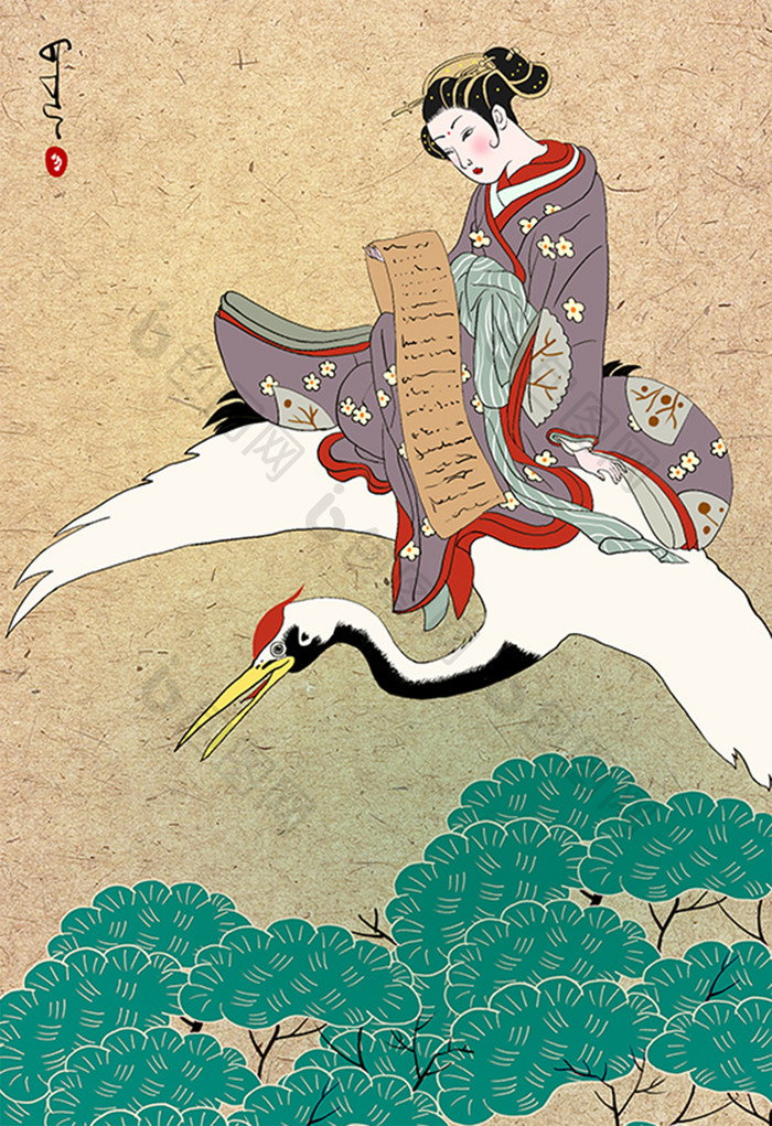 仙鹤图浮世绘中国青松画仙女图古典绘画