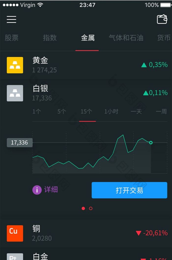 黑色扁平股票金融APP金属投资UI界面