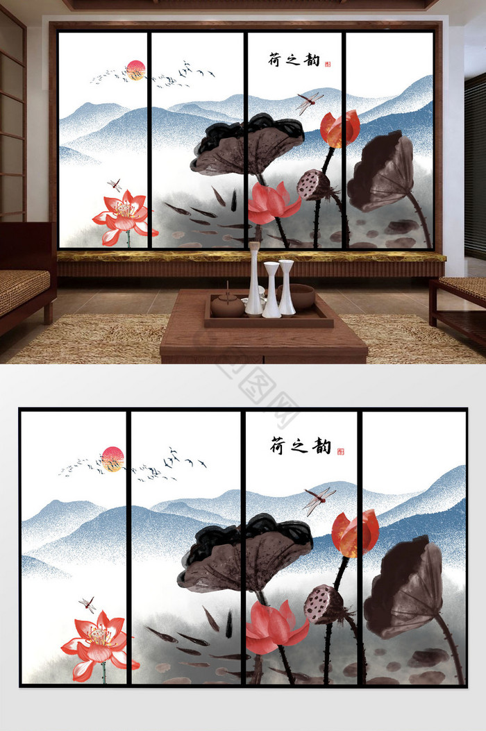 新中式创意水墨荷花背景墙定制