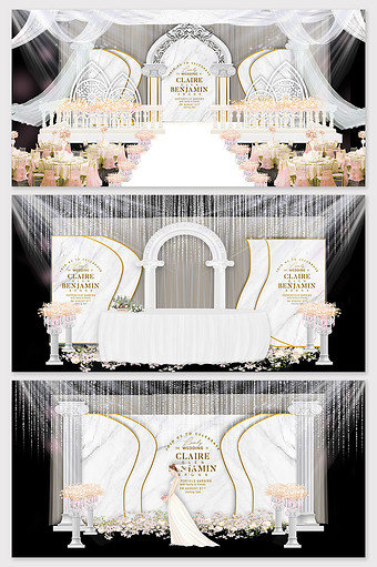 原创白色唯美大理石纹理欧式教堂婚礼舞台效图片