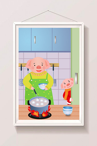 猪年元宵节小猪煮汤圆插画图片