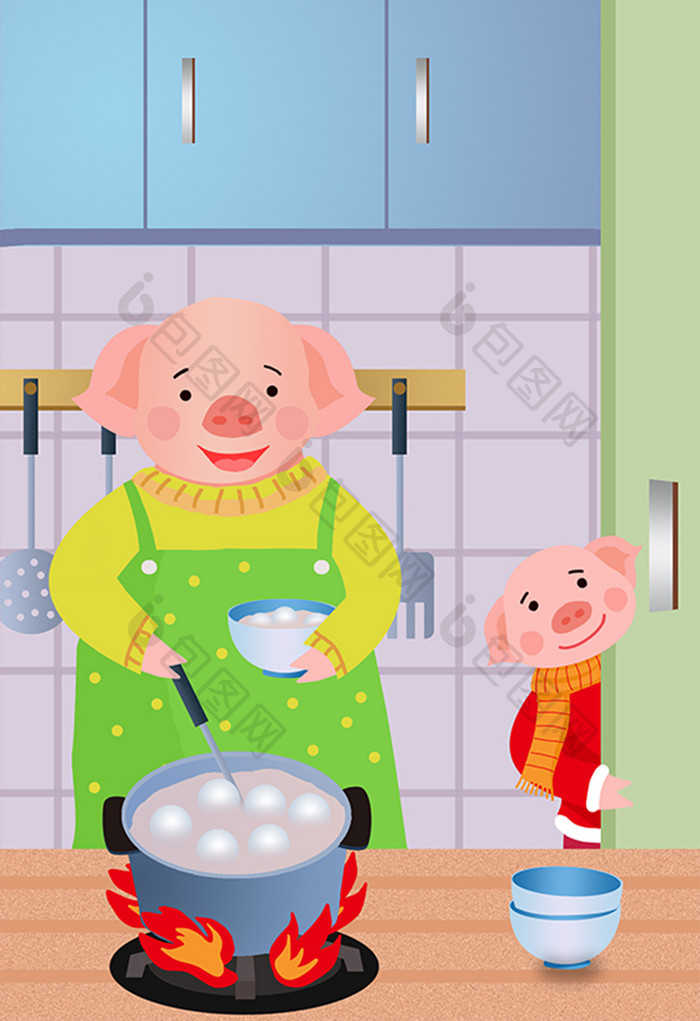 猪年元宵节小猪煮汤圆插画