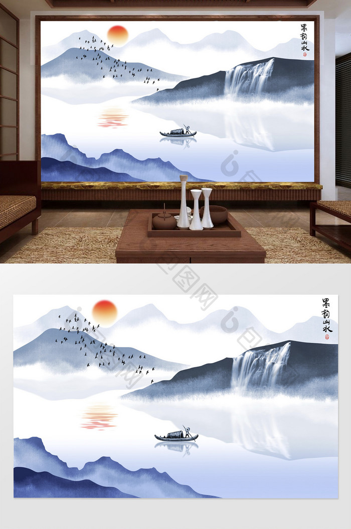 新中式写意水墨山水画背景墙装饰画