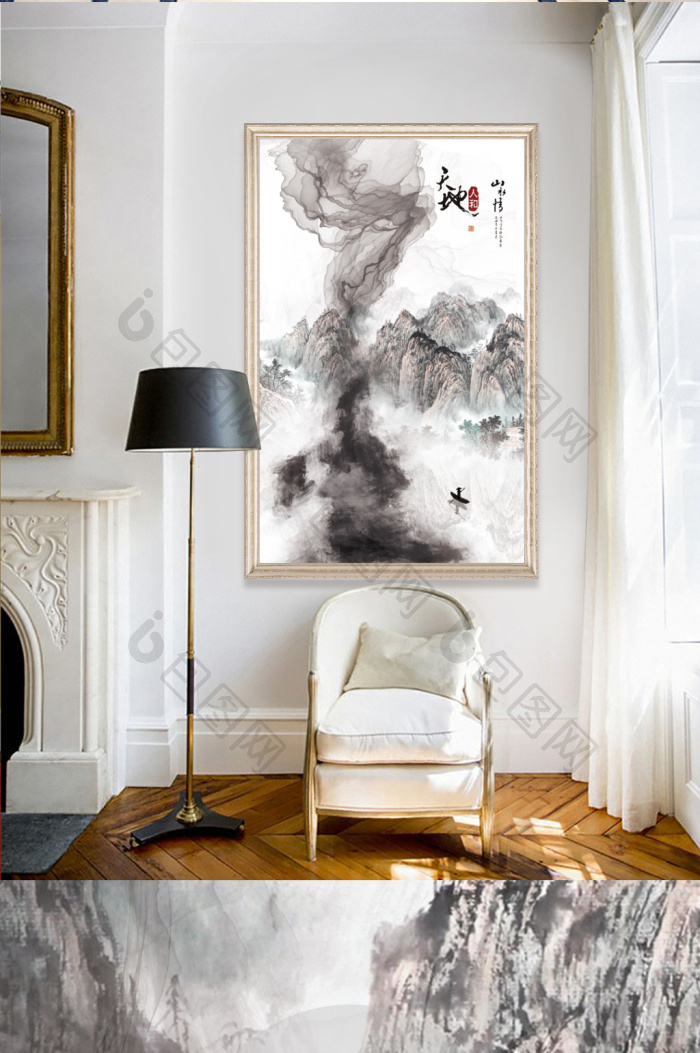 【中式国画写意水墨山水画迎客松玄关无框画】图片下载-包图网