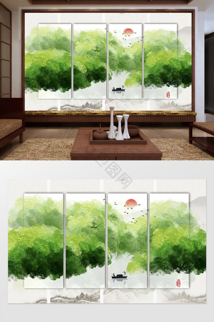 新中式绿色创意山峦飞鸟小船定制电视背景墙图片