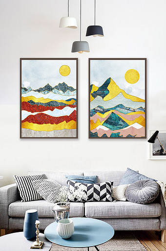 北欧风抽象风景金箔二联装饰画图片