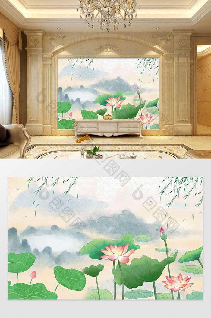 新中式清新意境荷花金鱼山水背景墙图片图片