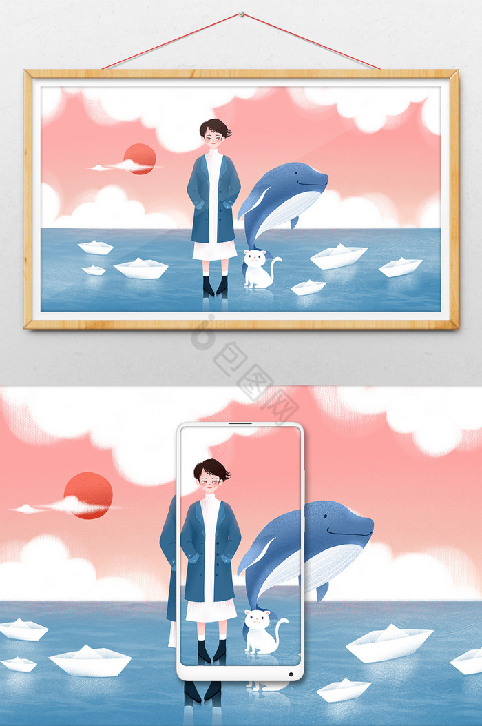 肌理海面女孩和猫鲸鱼插画